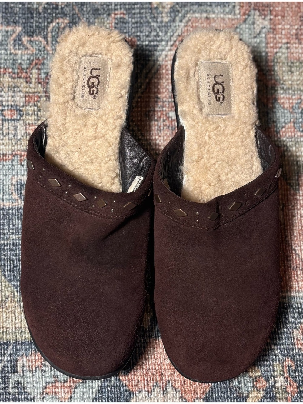UGG Australia Brown Suede Shearling Lined Studded Clogs Mules Women’s Size 10